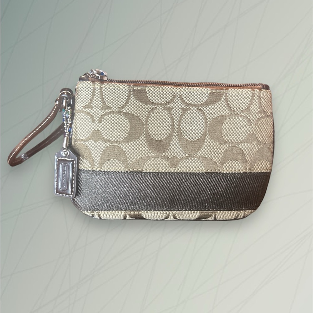 🌻COACH F-45608 Iconic Signature Khaki & Brown Wristlet Bag NWOT